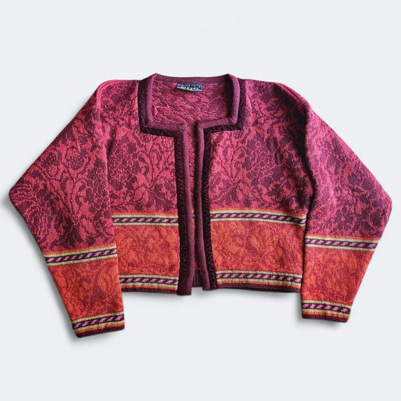 OLEANA Norwegian Story S 100% Wool Knit Cardigan Sweater Square Neck Red Cropped - Picture 1 of 8